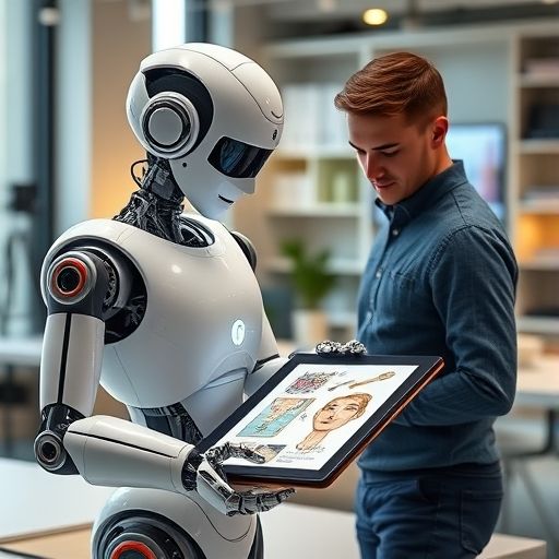 Professional AI robot assistant helping a creative designer with digital artwork