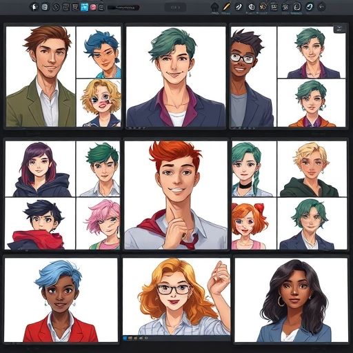 Professional character design studio with multiple AI-generated character portraits