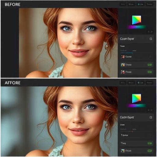 AI-powered photo editing suite showing before and after image enhancement